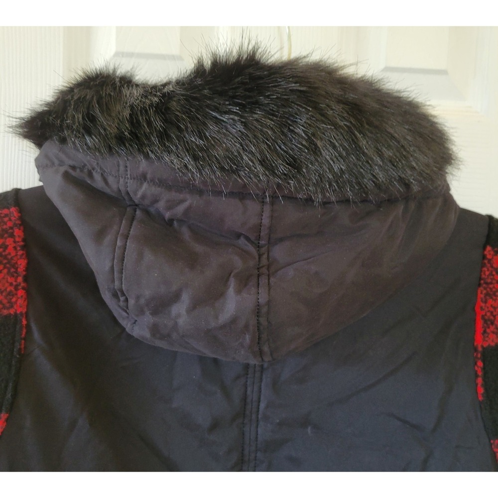 APT.9 Coat Size XL Red Black Plaid Winter Heavy Hooded Faux Fur Trim Mid‎ Length - Picture 12 of 13